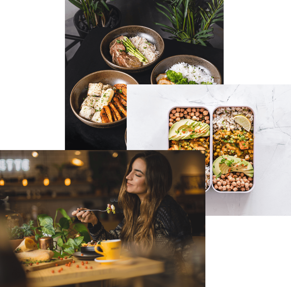 woman enjoying food , food in containers ,and food bowels on a table.